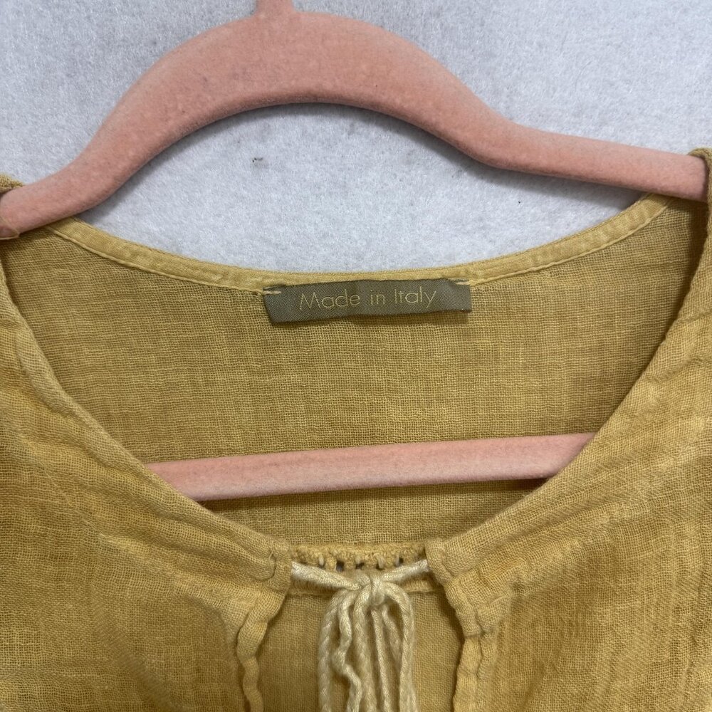 Made in Italy Linen Cotton Peasant Blouse Womens Large Mustard Tie Tassel Boho - Picture 5 of 9